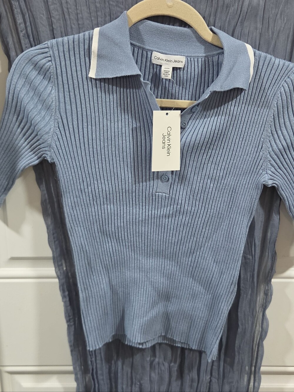 Calvin Klein Light Blue Ribbed Polo Top with White Trim